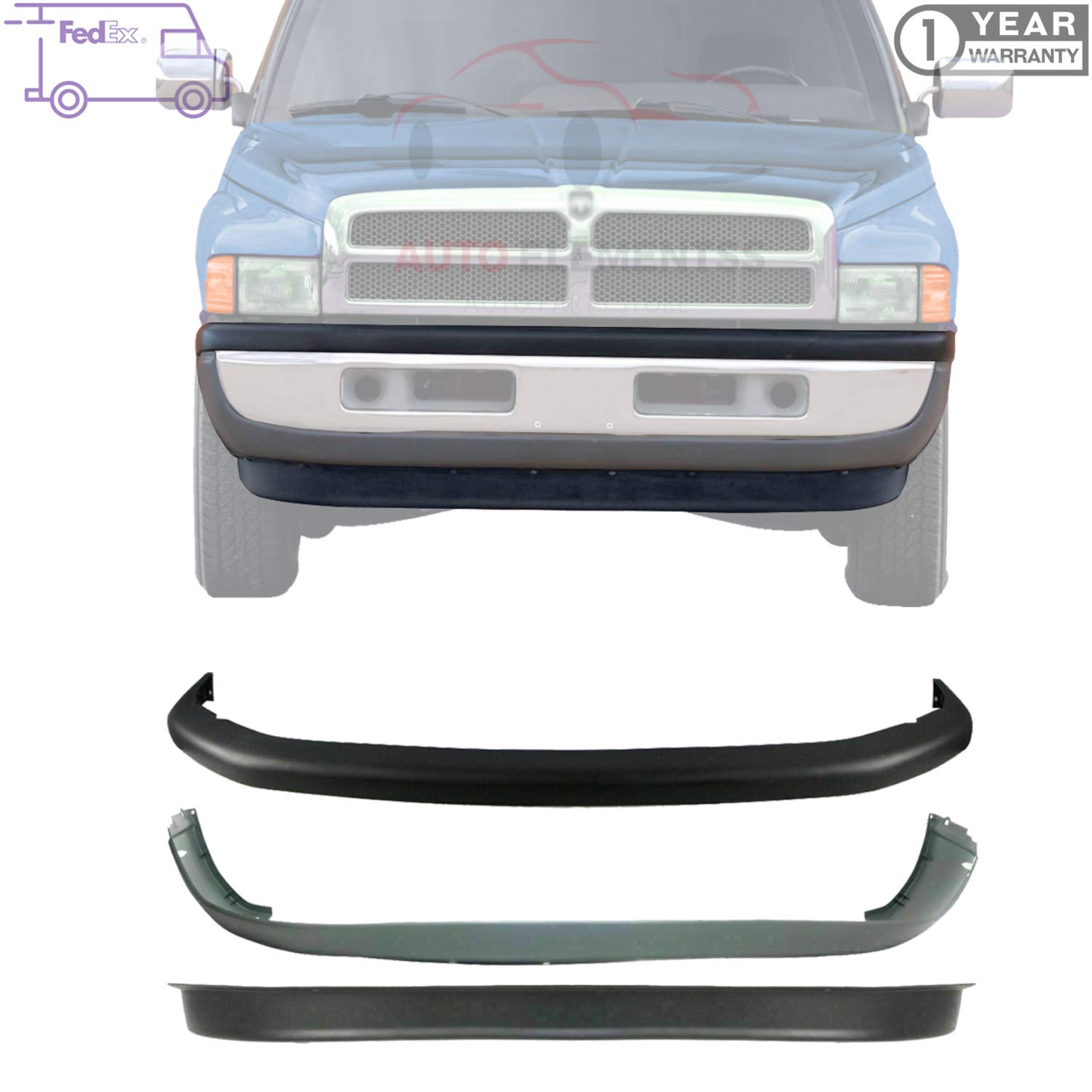 Front Bumper Upper & Lower Cover + Valance Plasic For 1994-2001 Dodge Ram 1500/1994-2002 Ram 2500 3500 Direct Replacement 55076614AC 55076610AB 55274811