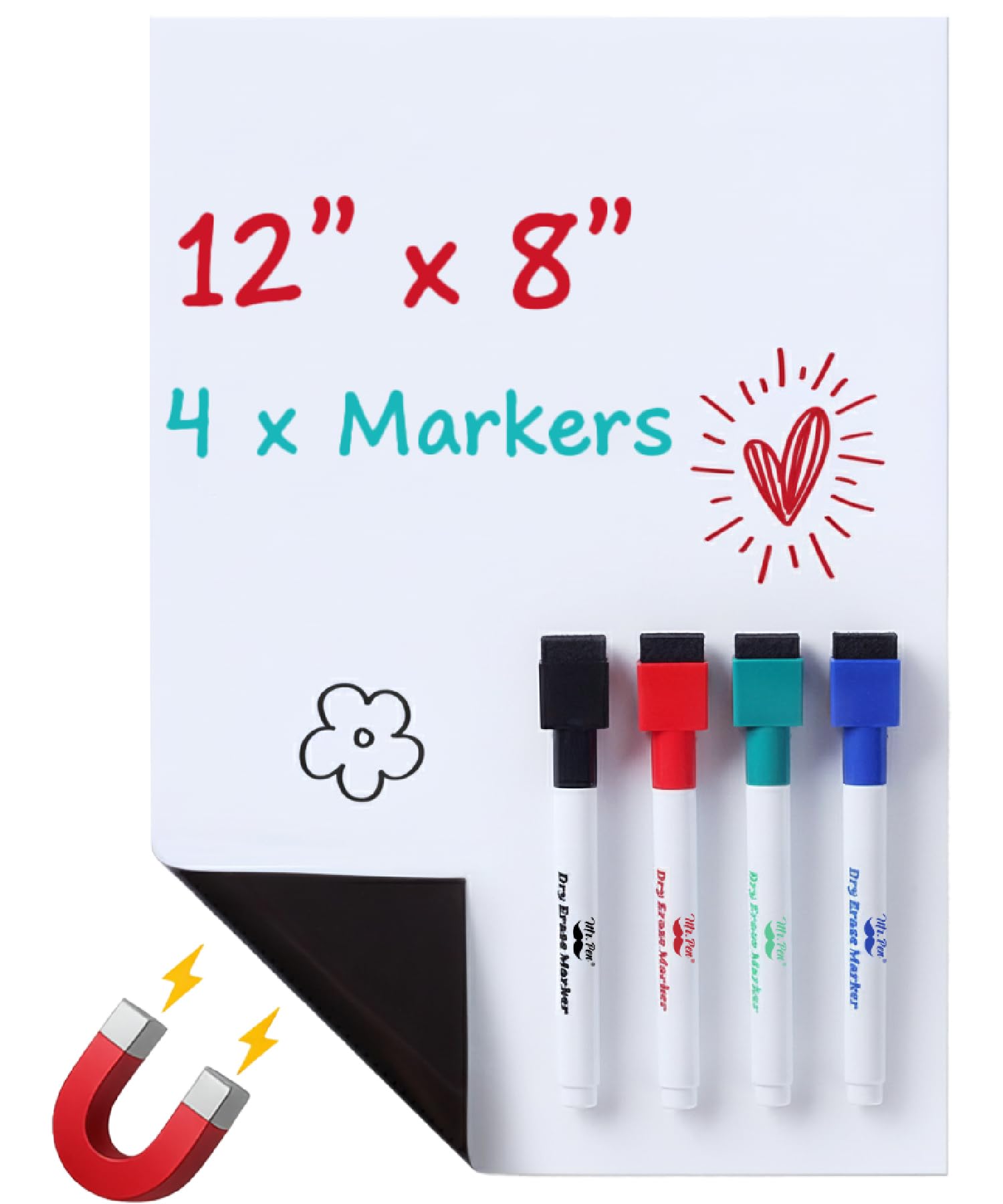 Mr. Pen- Small Magnetic Dry Erase Board Sheet for Refrigerator, Flexible Fridge Whiteboard for Kitchen, 12"x8" White Board Organizer and Planner with Stain Resistant Technology, 4 Markers