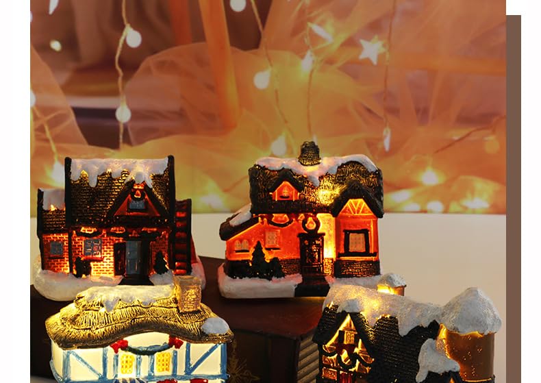 Christmas Village House Christmas Village Sets with Snow Christmas Tree LED Light Christmas Resin Village House Accessories Desktop Ornament Christmas Collectible Building for Christmas Home Decor A