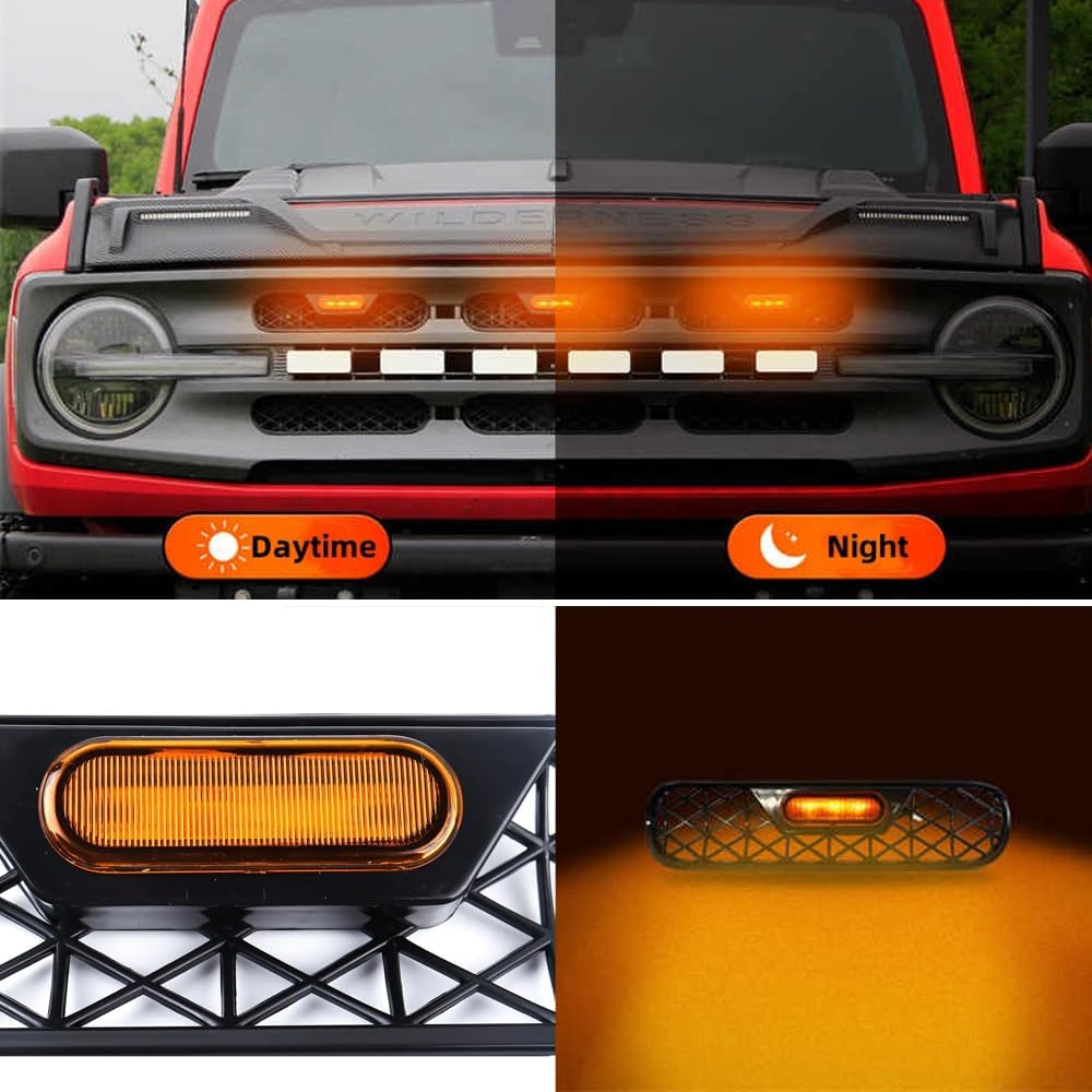 6PCS Front Mesh Grille Inserts with Amber Light for Big Bend Outer Banks 2/4 Door 2021-2025 Car Exterior Accessories Grill Frame Trim Covers