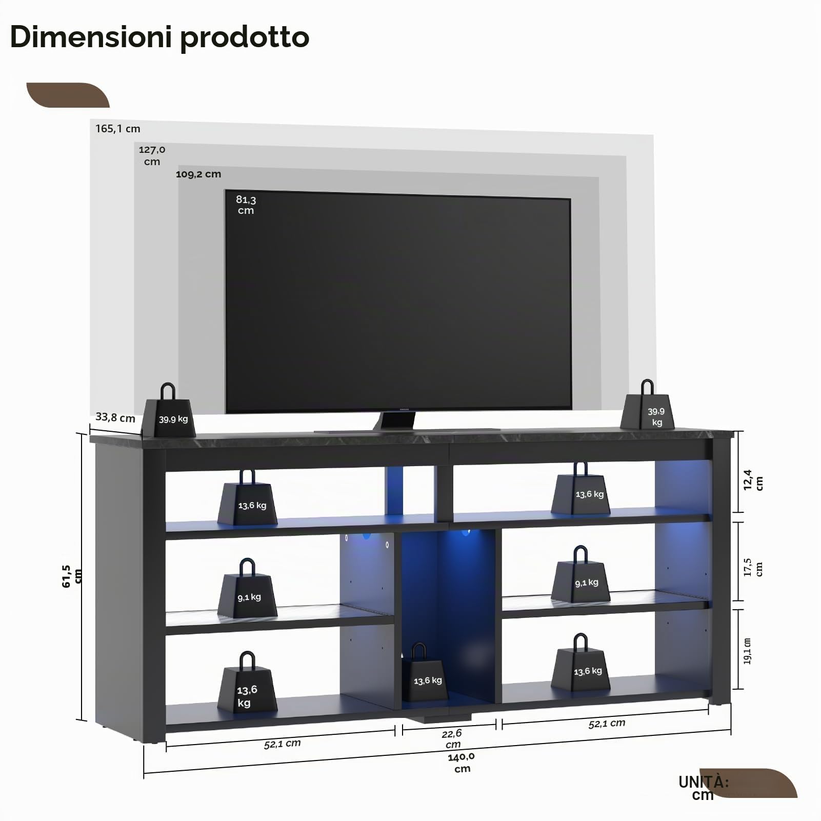 Bestier Mobile TV alto per TV da 65", mobile porta TV con contenitore PS5, console TV LED con ripiano regolabile per soggiorno, marmo nero