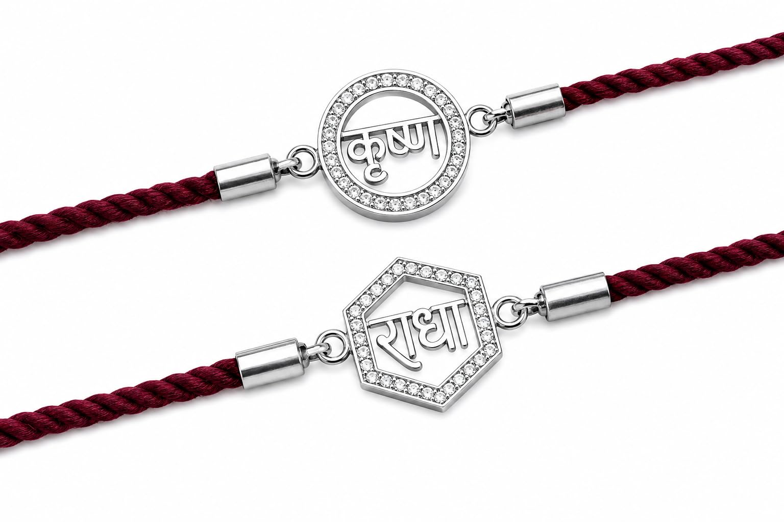 Silver rakhi Krishna Radha Couple Rakhi with Maroon Thread-image-19