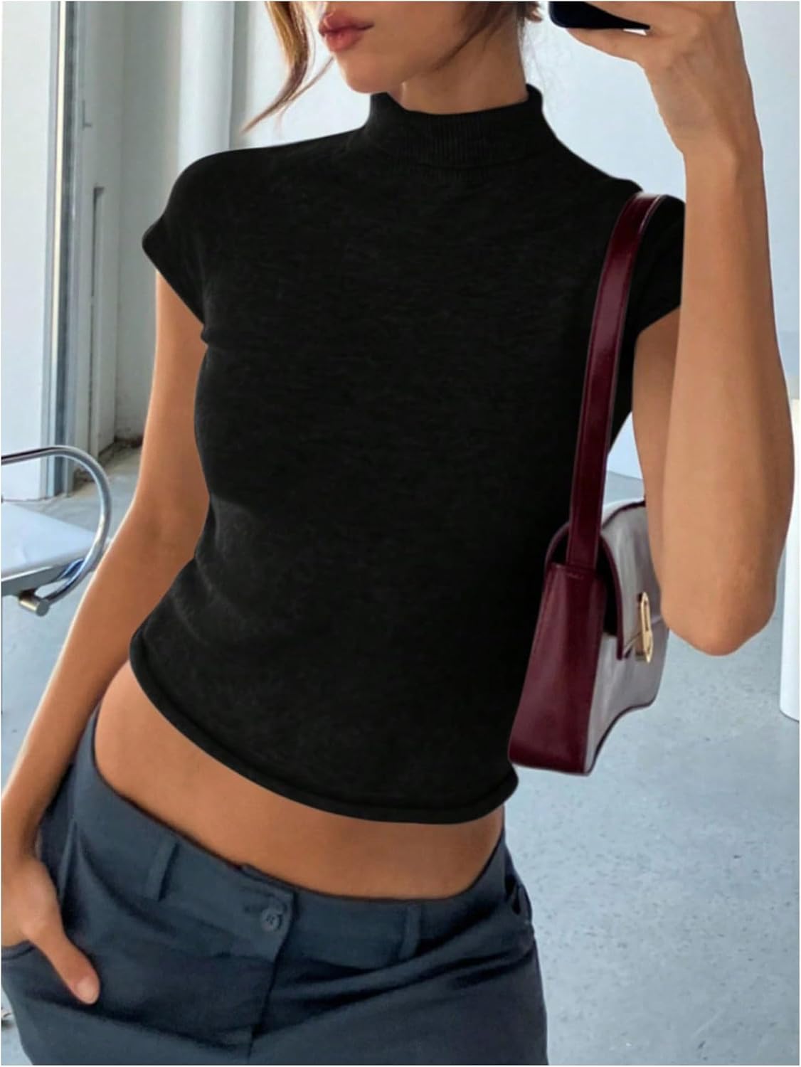 GORGLITTER Women's Short Sleeve Cropped Sweater Y2k Casual Lightweight Turtleneck Sweaters Spring Outfits 2026 - Image 3