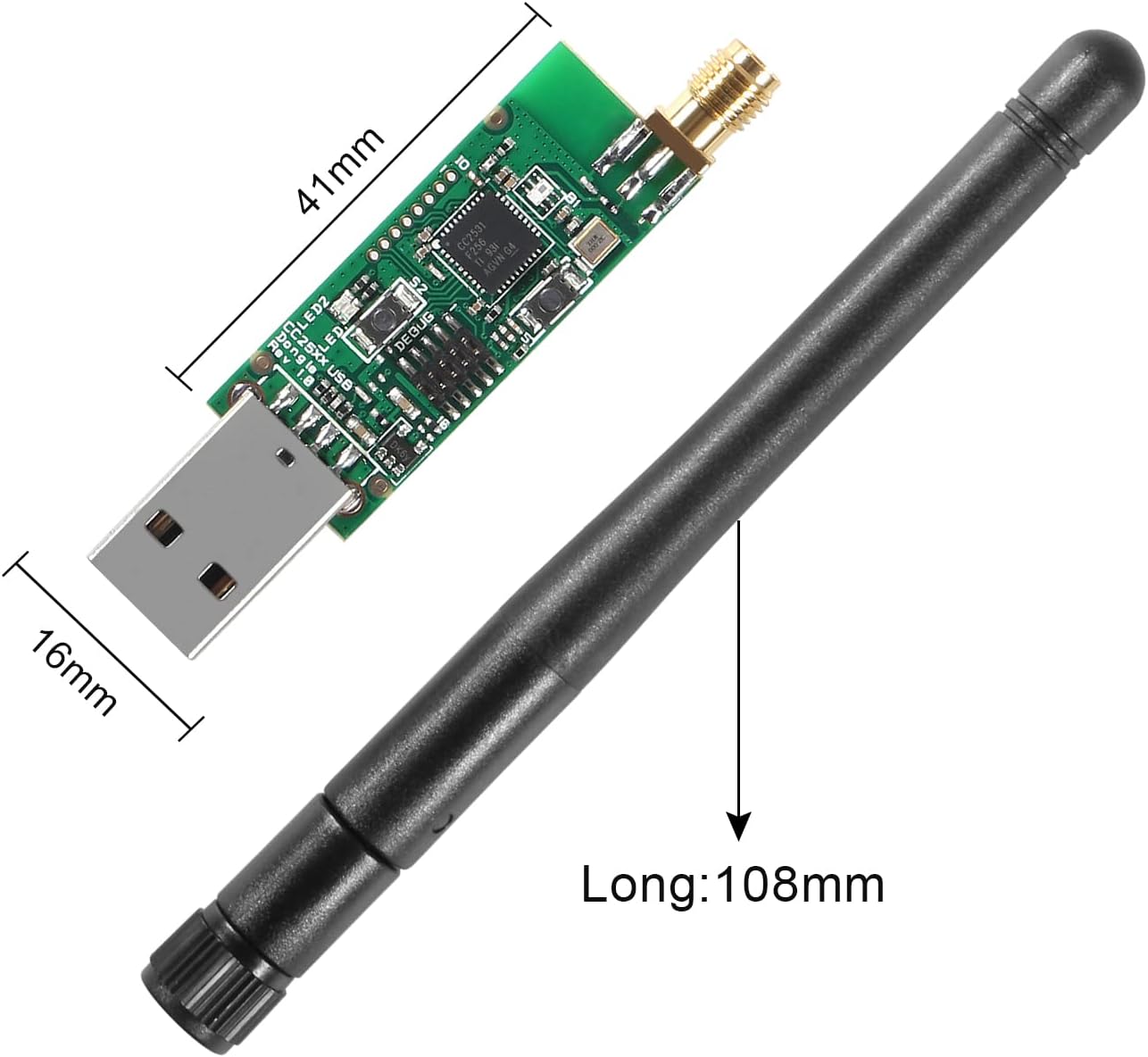 AITIAO CC2531 Sniffer USB Dongle and antenna with dimensions labeled
