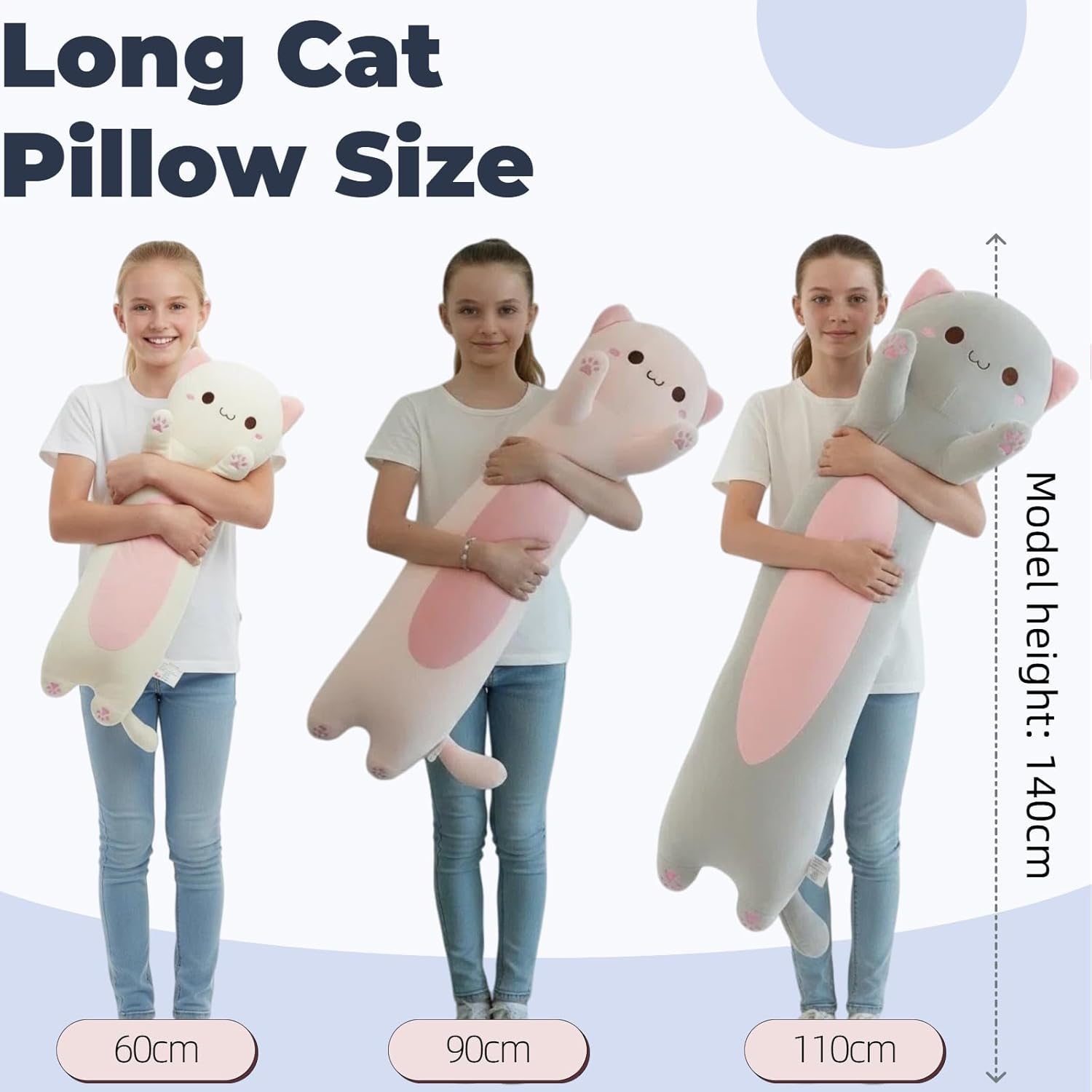 Somao Long Cat Plush Pillow - 35.4 Inch Ultra Soft Stuffed Animal Body Pillow for Kids & Adults, Cute Kawaii Kitten Plushie Toy, Gift for Cat Lovers, Girlfriend, Girls Birthday (Big Eyes Gray) - Image 3
