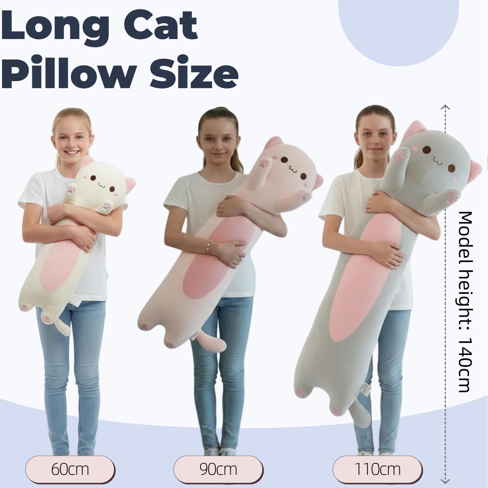 Długa pluszowa poduszka w kształcie kota, 110 cm, ultramiękka, wypchane zwierzę poduszka do ciała dla dzieci i dorosłych, uroczy pluszowy kotek, kawaii, prezent dla miłośników kotów
