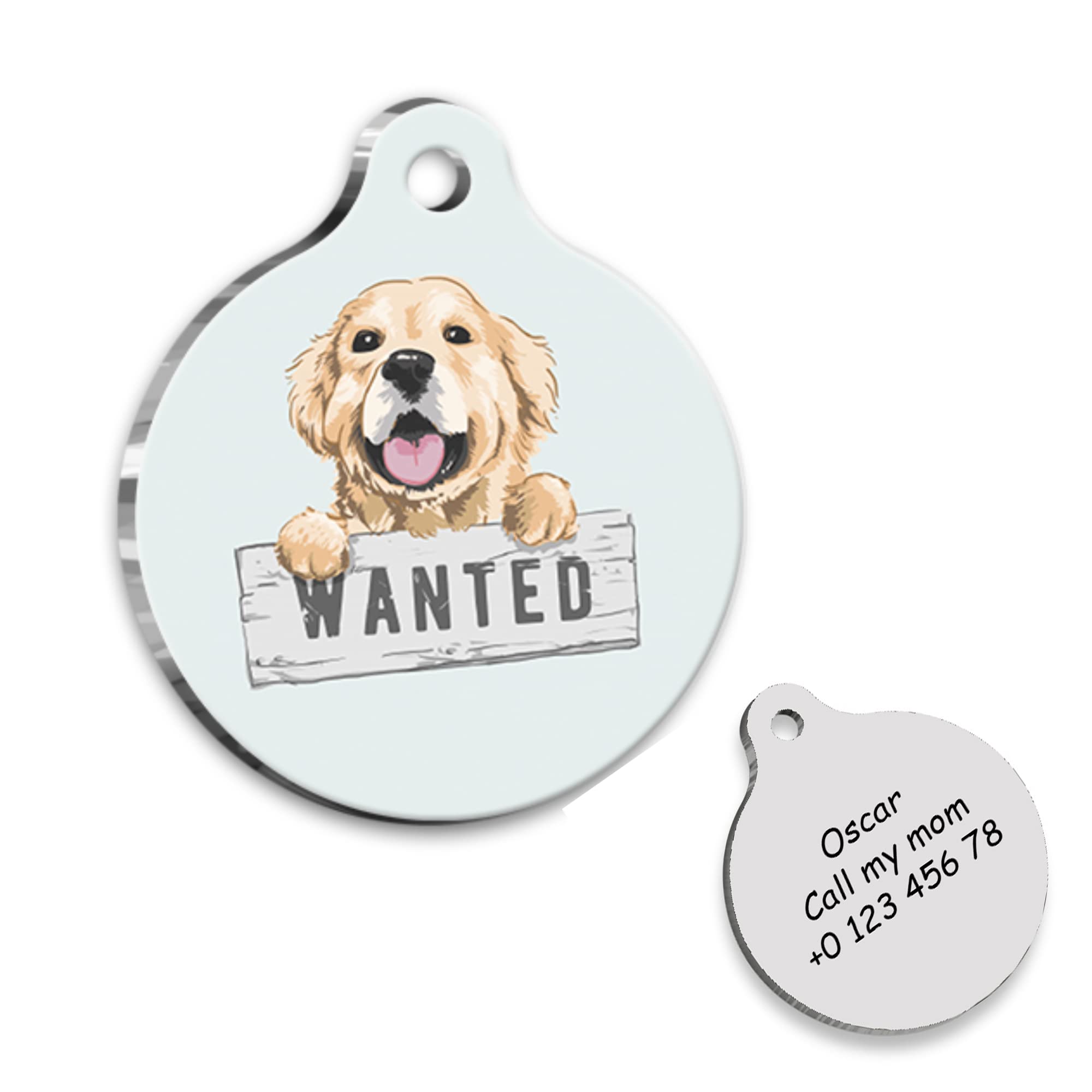 Golden Retriever Wanted Portrait Personalized Dog Tag - Golden Retriever Custom Name Tag - ID Tag for Dog - Customized Pet Tags - Dog Name id Tag - Dog Name Tag - Engraved Dog Tag