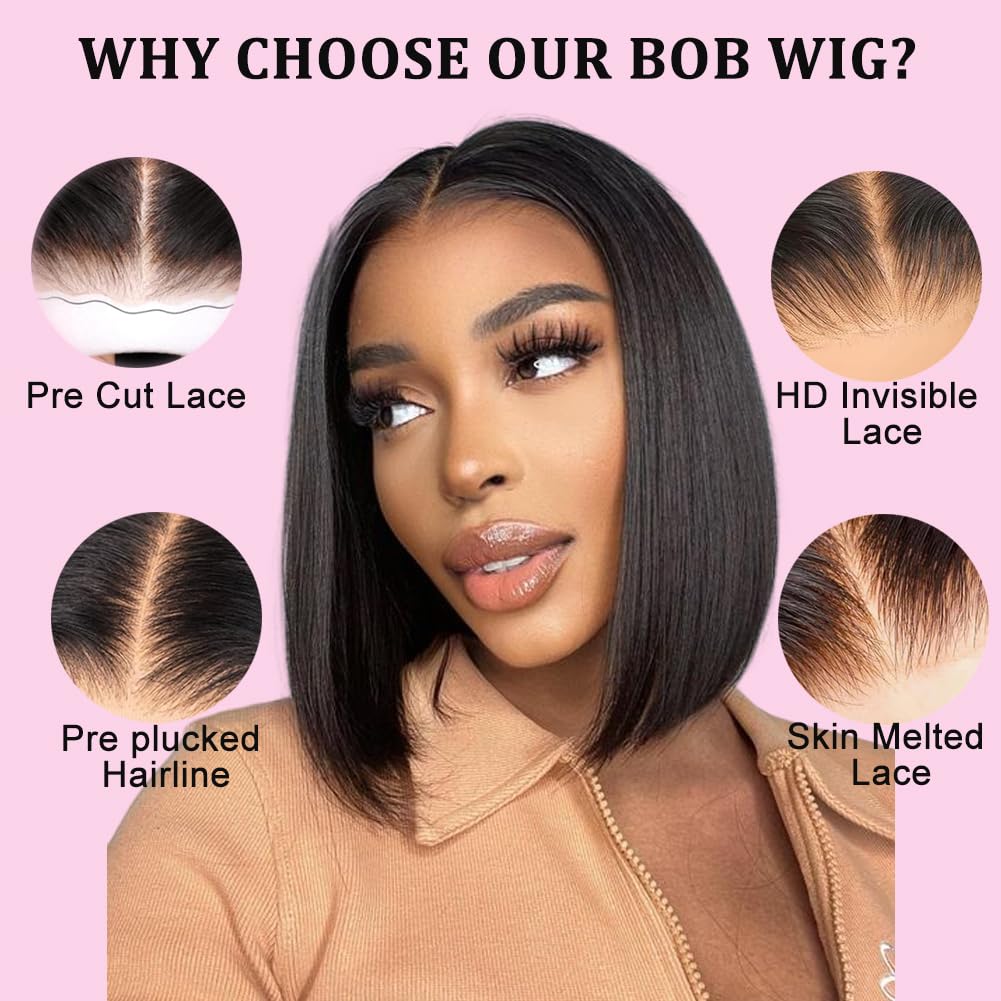 12 Inch Bob Wig Human Hair 5x5 Hd Lace Closure Wigs for Black Women Short Glueless Black Bob Wig Pre Plucked Pre Cut Natural Hairline Middle Part Lace Front Wigs Human Hair Breathable Daily Wear