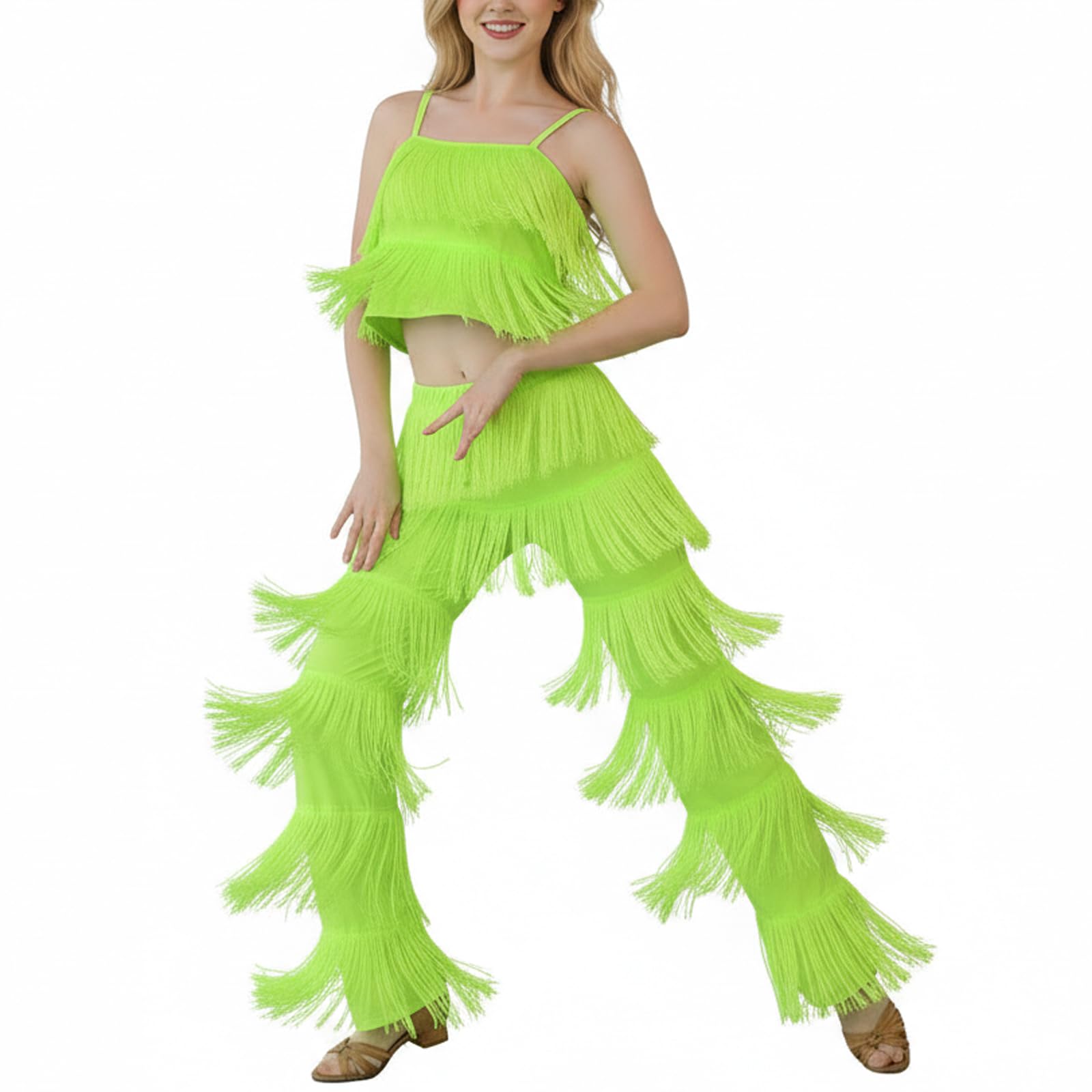 Heitongmaoyi Women's Green Latin Tassel Dance Top And Trousers 2 Piece Sets For Ballroom Rumba Tango Salsa( 8-9T)