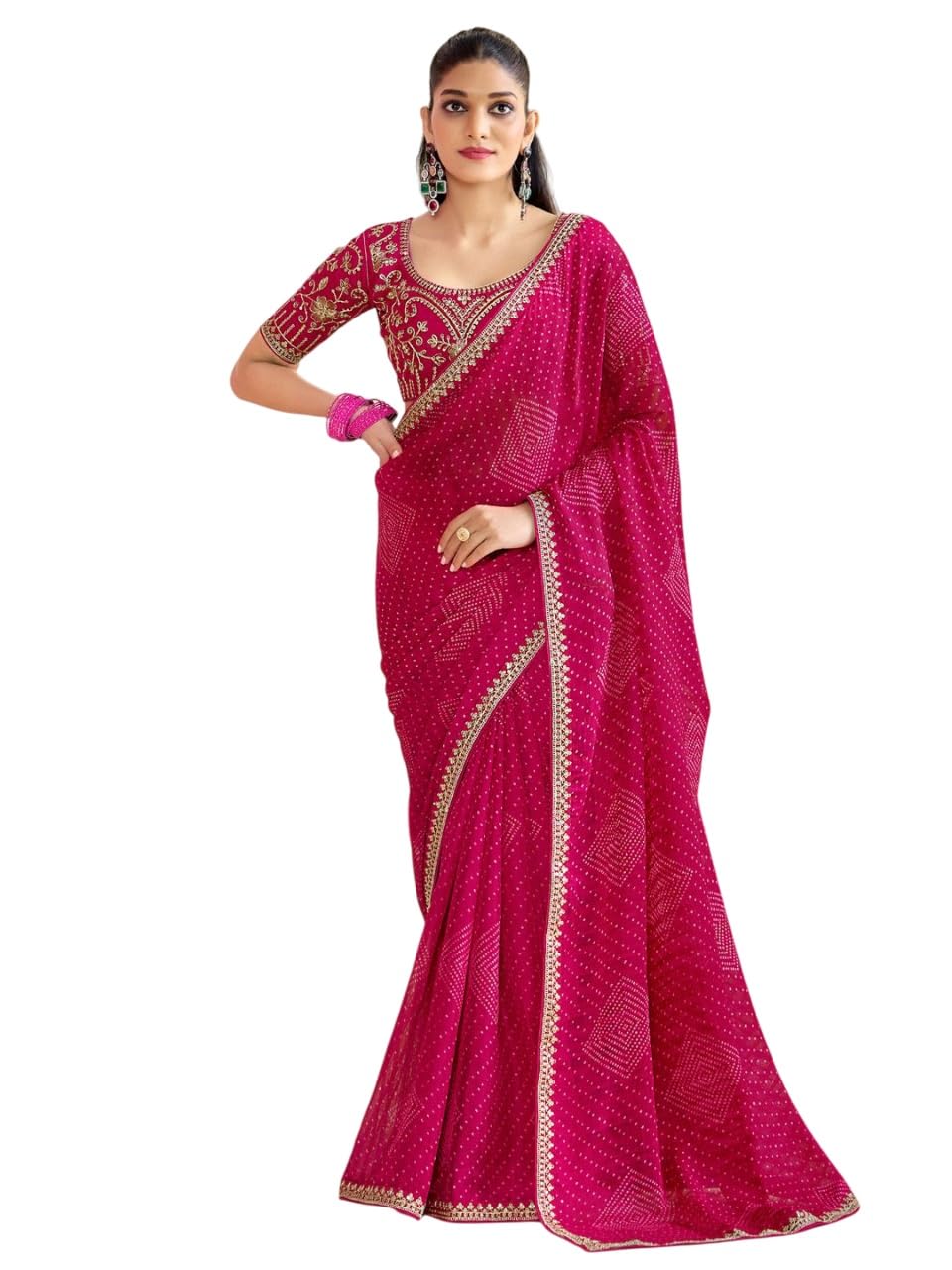 Women's Shimmer Pure Moss Chiffon Silk Saree For Women Stylish| Bandhani Printed Sari | Sequence Embroidery Sadi With Unstitched Blouse Piece