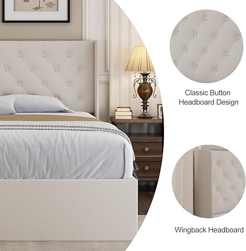 Miniatura 5 de 4 EVER WINNER Cama de almacenamiento elevable tamaño Queen, marco de cama tapizado de lino con cabecera moderna con respaldo de ala, almacenamiento