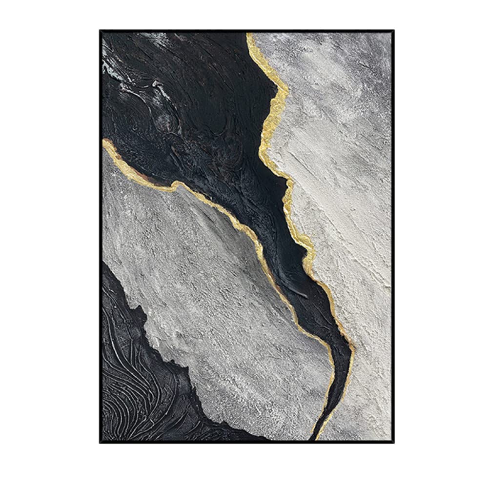 BOXIFAHand Painted Landscape Oil Painting,Beautiful Abstract Grey Black Gold Foil Coastline Painting, Canvas Picture Hanging Wall Art,Modern Home Decor For Living Room,Bedroom,60X80Inch(150X200Cm)