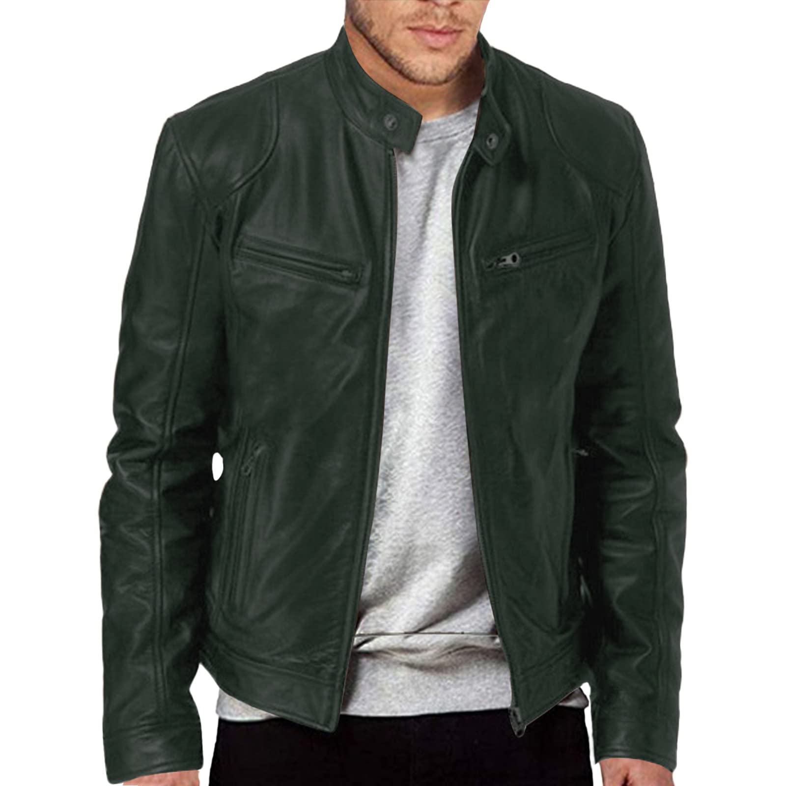 Men's Leather Biker Jacket - Vintage Leather Jacket Men Motorcycle - Stand Collar Distressed Leather Bomber Jacket Men