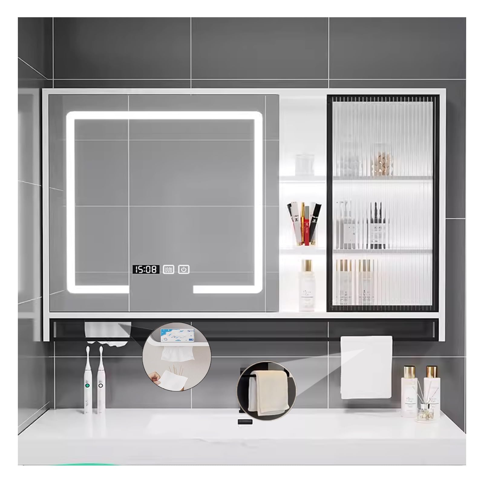 Moderno armario con espejo de baño LED con iluminación montado en la pared, espejo de baño blanco con soporte para toallas, 51 x 29.5 pulgadas, diseño elegante para baños elegantes