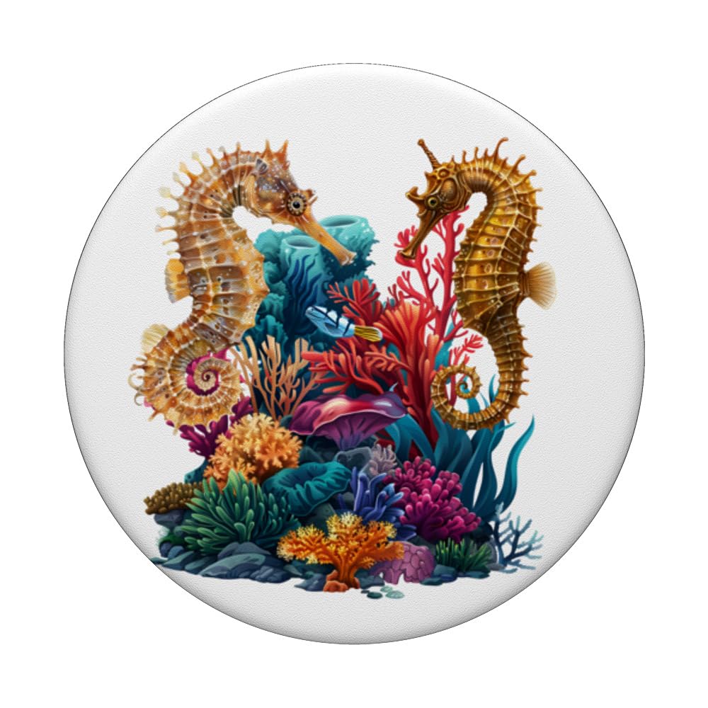 A Coral Reef and Two Seahorses PopSockets Swappable PopGrip, Black - Image 3
