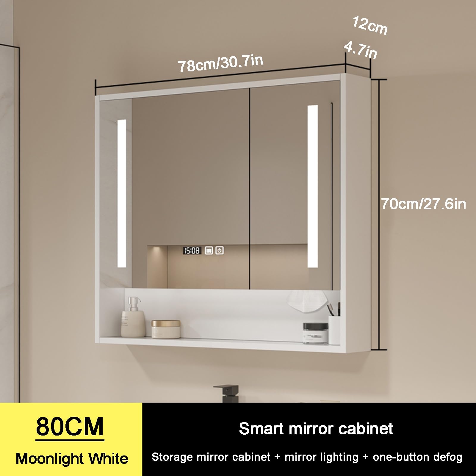 Armario LED con espejo de baño con almacenamiento de pared, 80 x 70 cm, moderno espejo de tocador de baño, diseño que ahorra espacio para baños elegantes