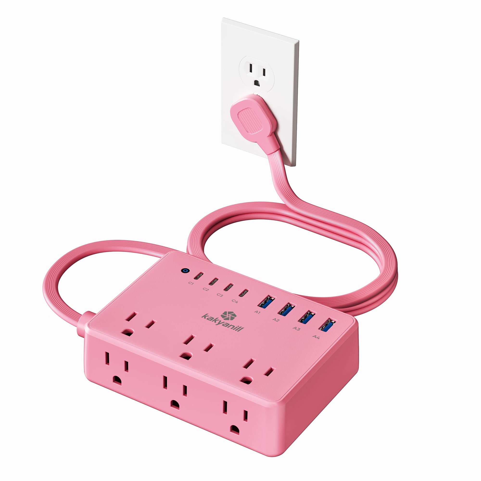 Kakyanill - Regleta de alimentación rosa, 6 salidas de CA, 8 puertos USB (4 USB C) con protector de sobretensiones 2000J, cable de extensión de enchufe plano de 5 pies, compacto para computadora