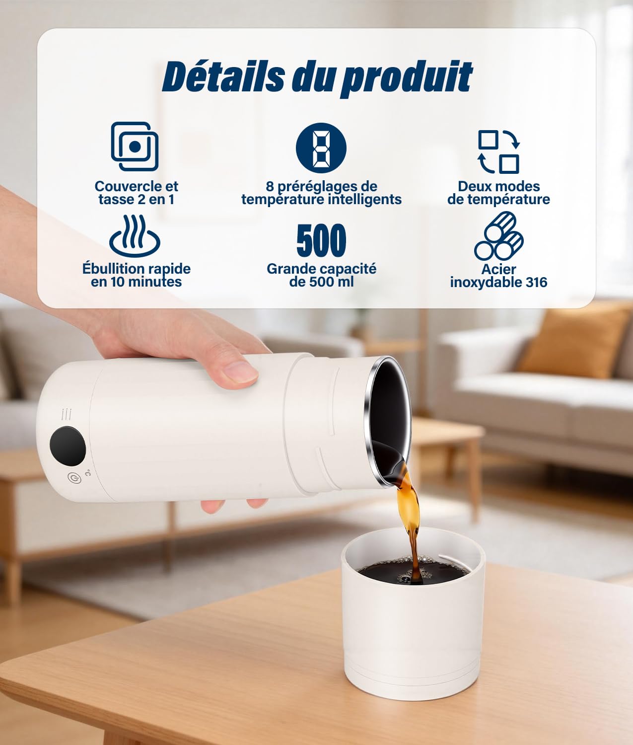 PAHTTO Bouilloire électrique de voyage 600 ml, bouilloire portable en acier inoxydable, ébullition rapide et réglage de la température, petite bouteille thermos pour la préparation de café, thé