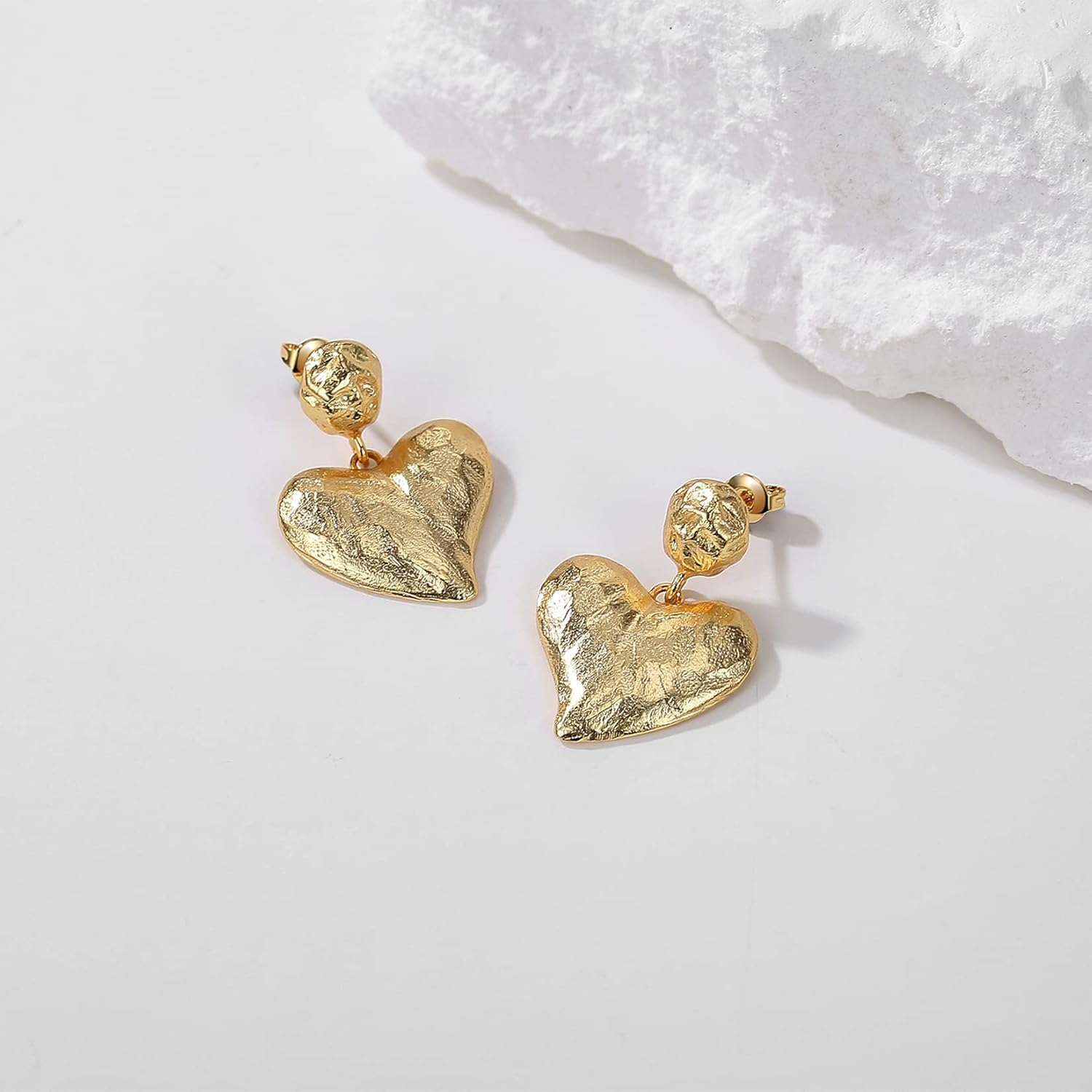 18K Gold Plated Heart Earrings for Women, Hammered Love Heart Dangling Earrings, Statement Gold Women's Jewelry