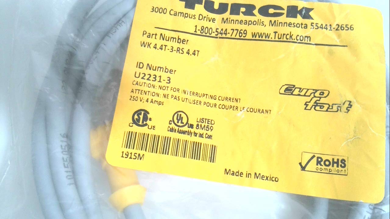 TURCK WK 4.4T-3-RS 4.4T 3 Meter Length, 4 Wire, CORDSET, Double Ended, M12 EUROFAST, Nickel Plated Brass Coupling, NO LEDs, PVC Jacket, Right Angle Female Connector, Standard Plug Body, Straight Male