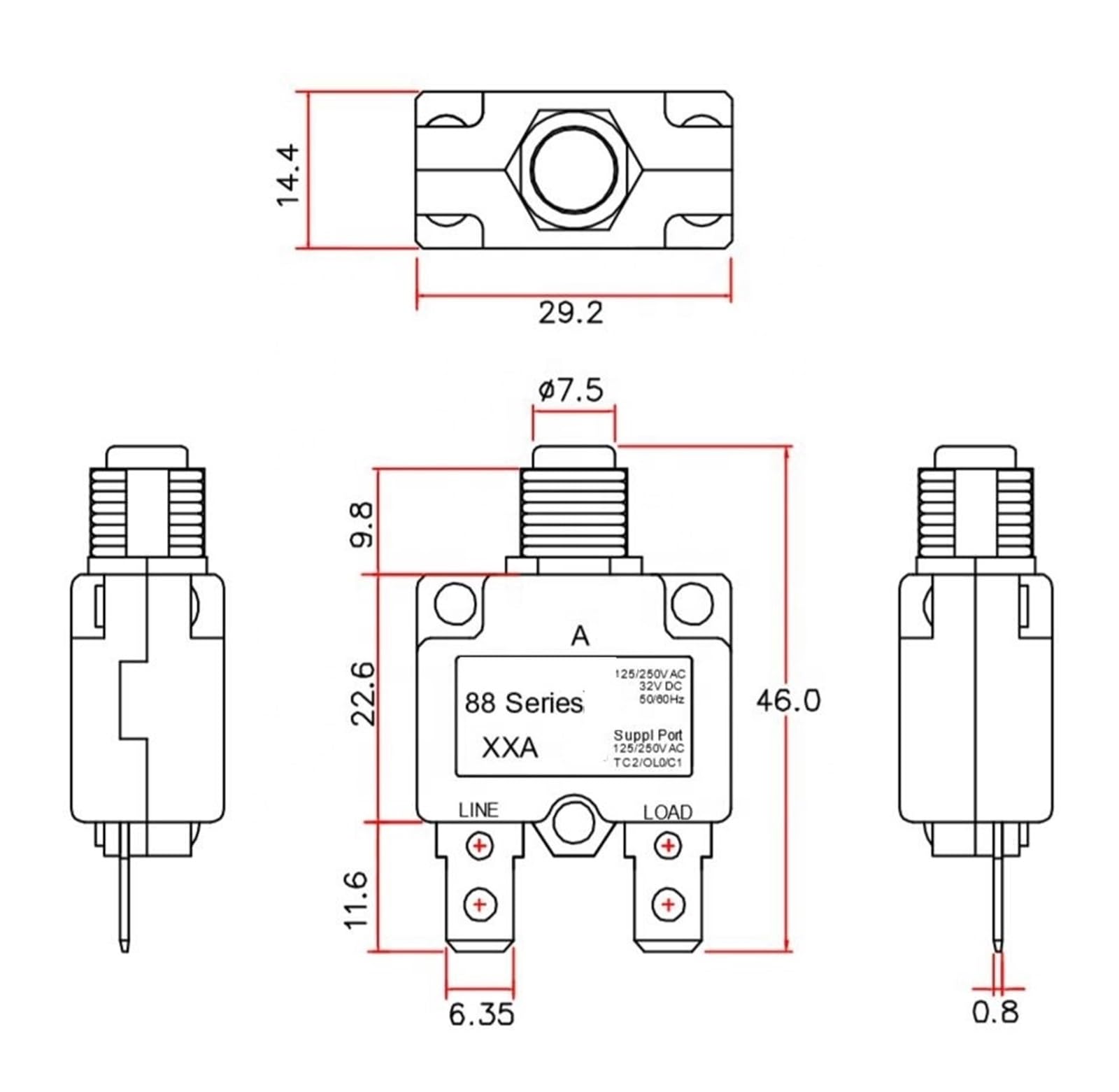 Rückstellung des thermischen Überlastungsschutzsch Leistungsschalter der Serie 88, 5 A, 10 A, 15 A, 20 A, 25 A, 30 A, DC, automatischer Reset, thermischer Überlastschutzschalter for Motoren(12A)