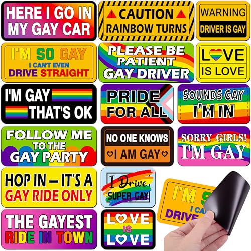 Image of 16PCS Gay Pride Car Bumper Magnets: Funny Rainbow Decals Bulk for LGBT Parade, Truck, Fridge, Cruise - Prank Gift Idea (Retro Warm)
