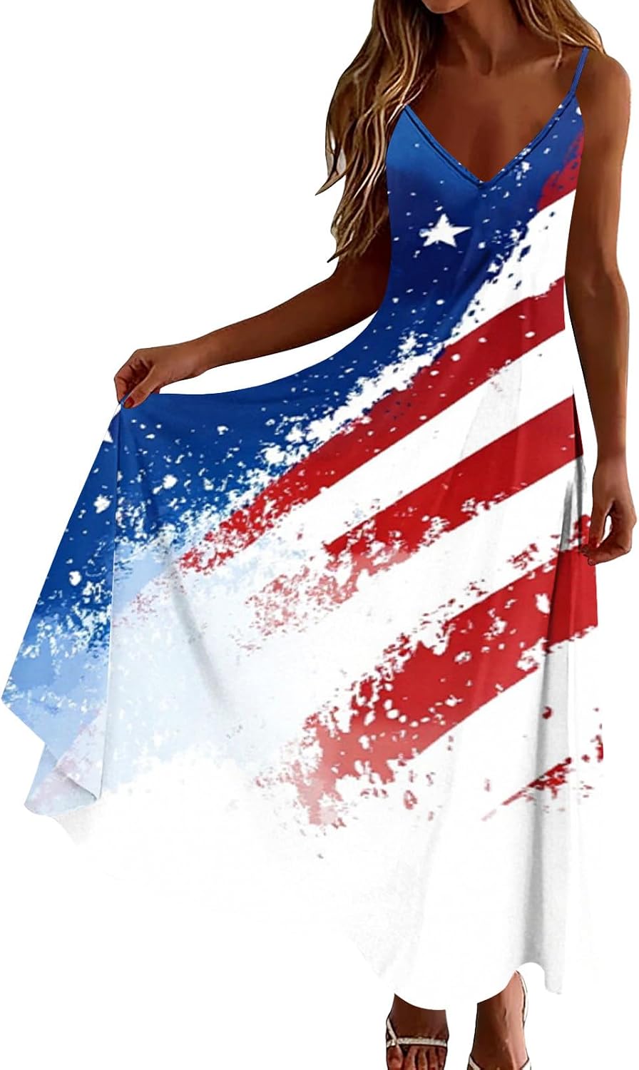 4th of July Dresses for Women Cami Maxi Dress American Flag Sleeveless Dress Beach Resort Vacation Cruise Sundress