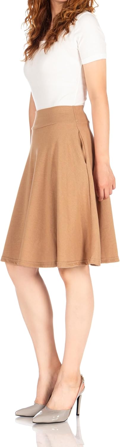 Dani's Choice High-Waisted Cotton Blend Skirt with Pockets - Knee Length A-line Flare for Business and Casual Wear - Image 3