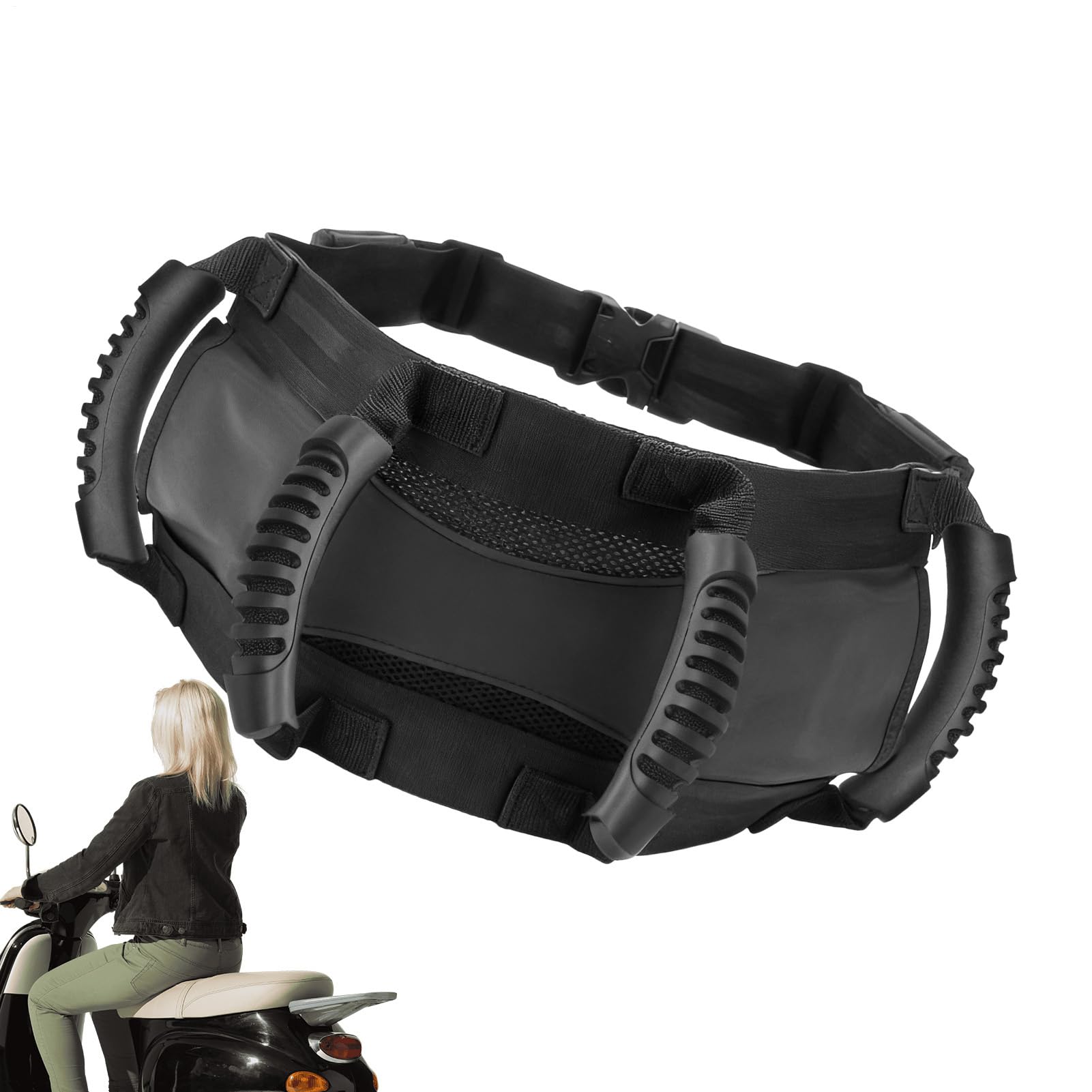 Maniglie per passeggero per moto - Impugnature regolabili con cintura in vita sicura, comodo supporto per il sedile posteriore per stabilità e sicurezza durante la guida | Per ciclisti bambini adulti