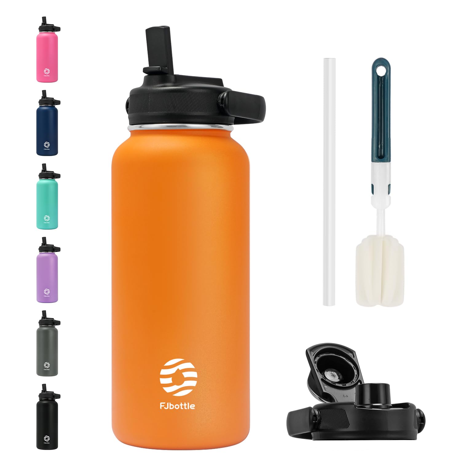 Fjbottle 32oz Insulated Stainless Steel Water Bottle - Double Wall, Keeps Drinks Cold 24H/Hot 12H, Comes With Straw & Spout Lid