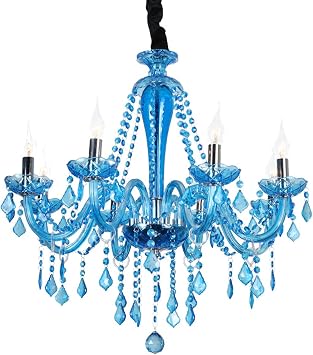 Braiton Modern Chandelier Elegant Hanging Lights Crystal Glass Pendat-Lighting Ceiling Light Fixtures Candle Candelabras Shape Pendant Ceiling Lighting 6 Heads with Lampshade,Blue 1