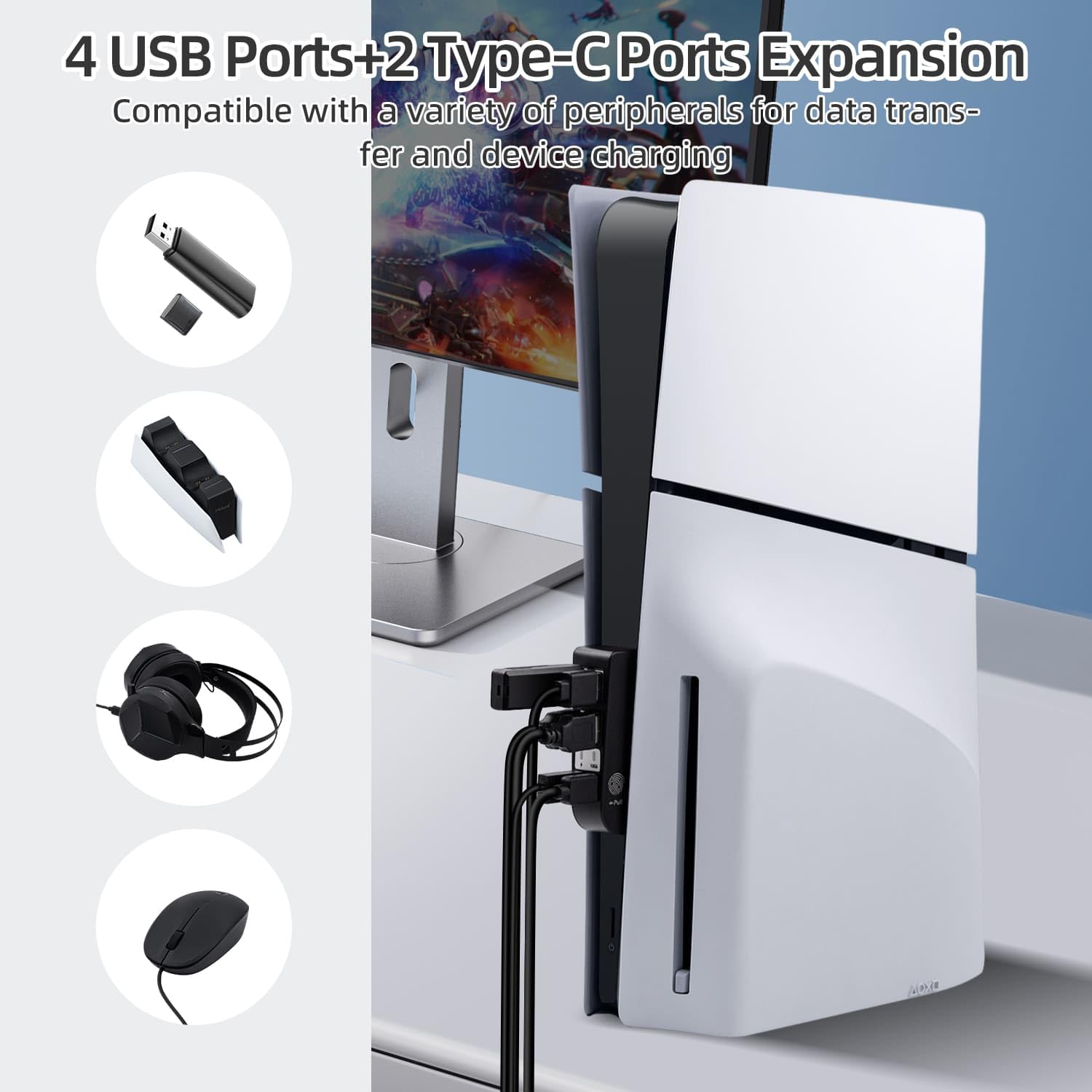 Hub USB per PS5 Slim, 6 in 1 Adattatore di Espansione Delle Porte USB con 4 * USB A e 2 * Tipo C per la Ricarica e L'espansione ad Alta Velocità Compatibile con PS5 Slim Disc/Digital- Nero