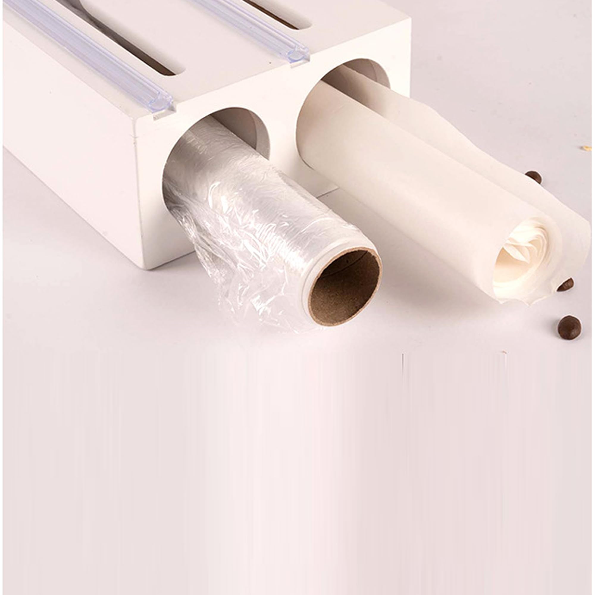 SUQ Wrap Dispenser-Cutter, napełniany dozownik folii cling, przyssawka do cięcia folii plastikowej Żywność Przezroczysta folia i folia do kuchni, restauracja (Dwuwarstwowy biały)