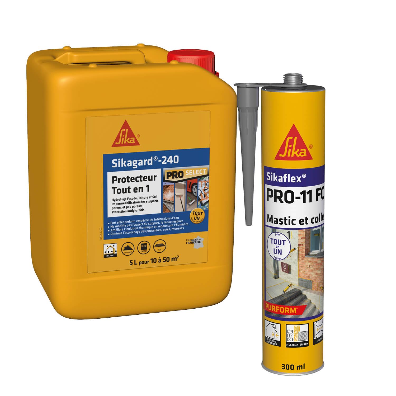 Sika Sikagard 240 Protecteur Tout en 1, Protection hydrofuge façade, mur, toiture et sol, 5L & lex PRO 11 FC Purform Gris béton, Mastic polyuréthane PU tout en 1, mastic multi-matériaux