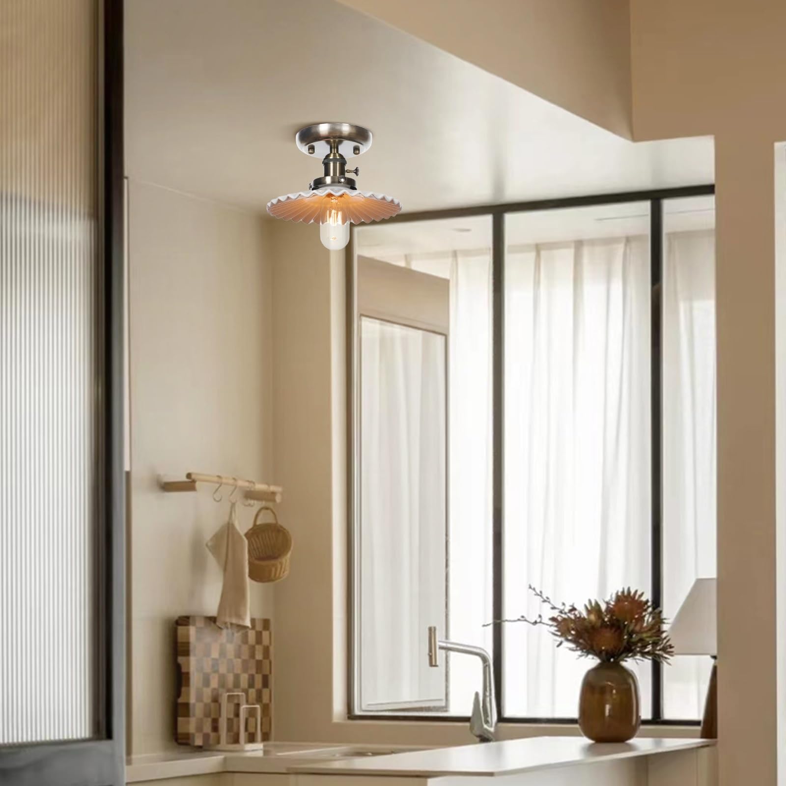 Lampa sufitowa do montażu częściowo podtynkowego - kinkiet ścienny przemysłowa lampa wisząca blisko sufitu | Biały plisowany klosz ceramiczny, oprawy oświetleniowe sufitowe 8.3"(Antique bronze)