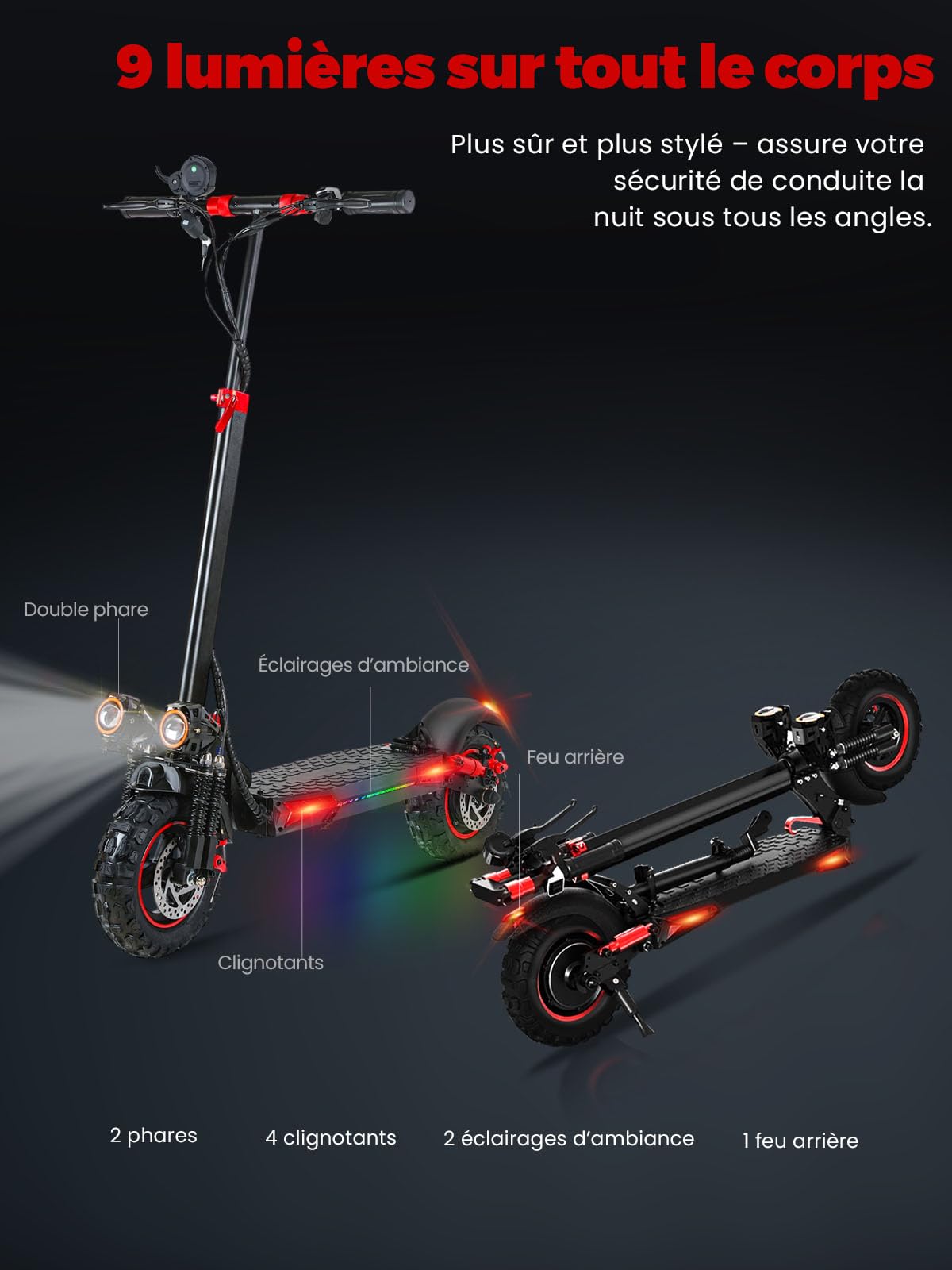 Trottinette Électrique Adulte 1200W Moteur, Autonomie 45-55KM Batterie 48V 18Ah Trotinette Electrique Pliante Portable, Roues 11" Tout Terrain Double Suspension Frein à Disque Double Escooter
