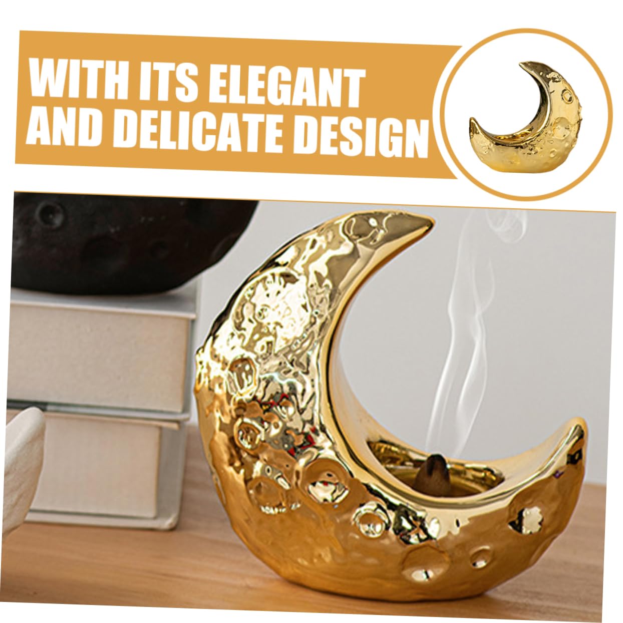 Eleganter Keramischer Mond Räucherstäbchenhalter für Aromatherapie | Goldfarbenes Design, für Zuhause und Saunaraum, Kunstvolle Form, Langlebige Verarbeitung