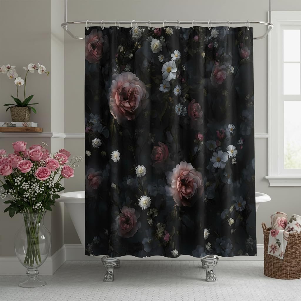 Black Floral Shower Curtain Retro Flower Blossom Rustic Rose Peony Gothic Vintage Boho Spring Botanical Leaves Polyester Bathroom Curtains Set with Hooks 70"x84"