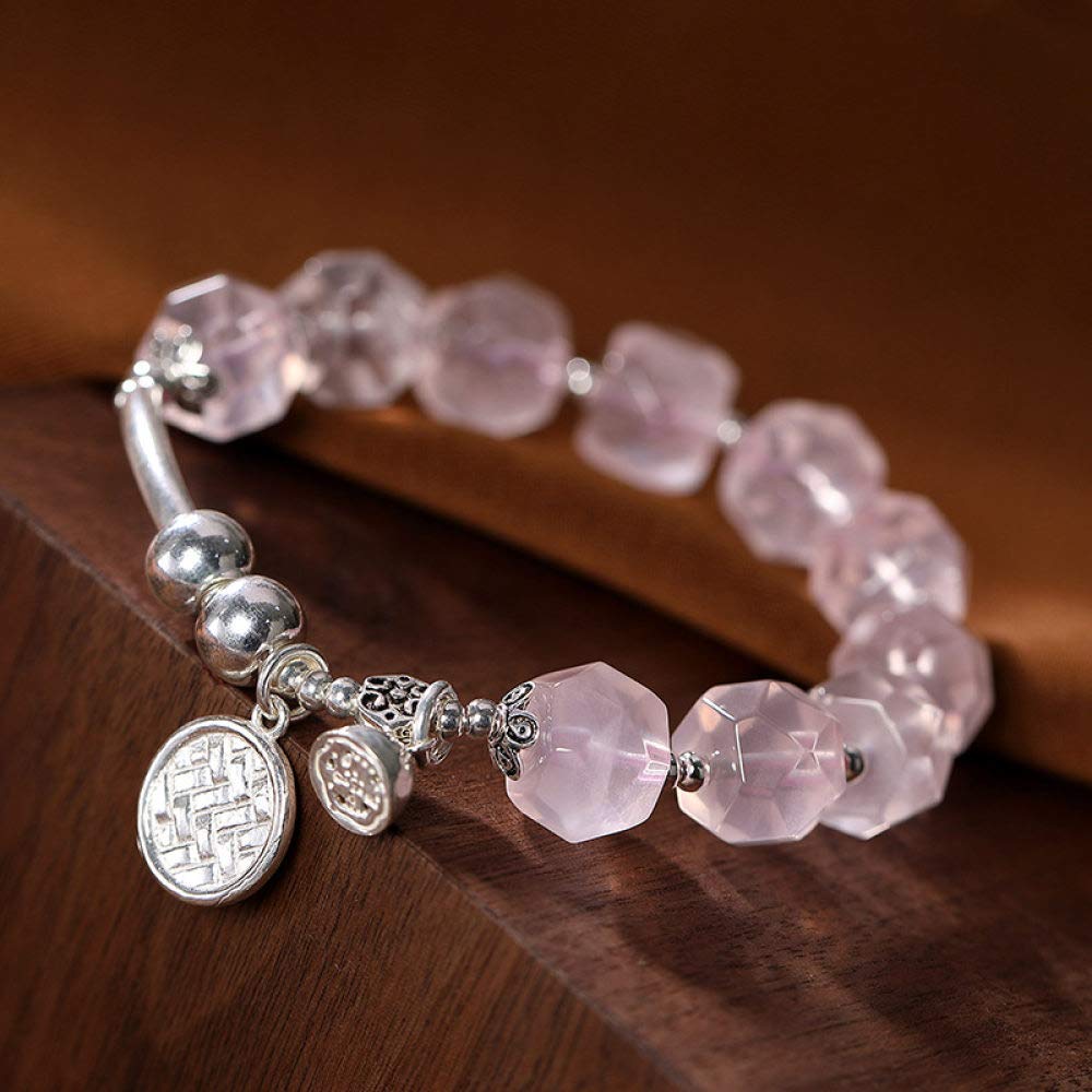 S925 Vintage Pulsera De Plata para Mujeres Hombres Natural Rosa Cuarzo Cristal Abalorios Beads Sencillo Y Simple Estilo Chino Personalidad Creativa Encanto Hermoso Regalo