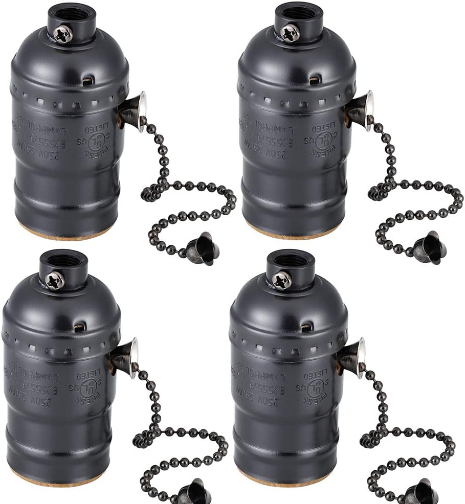 E26 Vintage Light Socket,Standard Medium Screw-in Lamp Socket Holder for Edison Bulbs-4 Pack Vintage Black with Pull Chain