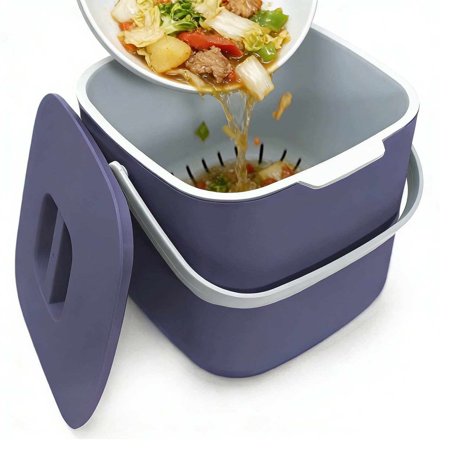 Xtrillogen 4L Kitchen Food Waste Bin,Countertop Small Compost Bin with Lid,Handle and Built in Strainer,Small Space Saving Design,Indoor Food Waste Caddy for Kitchen,Living Room,Bedroom(Purple)