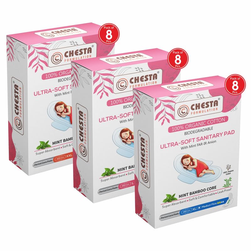 Chesta Formulation New Ultra-Soft Sanitary Pads (Pack Of 3 * 8 = 24 Pads In XXL-330mm + L-260mm + XL-280mm) With Mint FAR-IR Anion Better Hygiene & Comfort Pure Cotton 100% Rash-Free-Periods (B0CT3MMYF6) Amazon Price History, Amazon Price Tracker