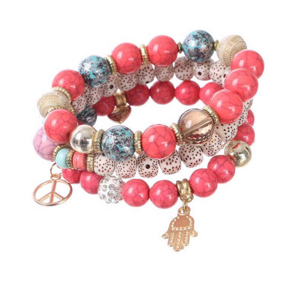 Bracciale Con Perline In Lega Per Donna,Bracciale Con Perline Multistrato Bracciale Bohemien Rosso Pietra Imitazione Pietra Naturale Perline Bracciale Elastico Multi-Striscia Gioielli Di Moda Femmini