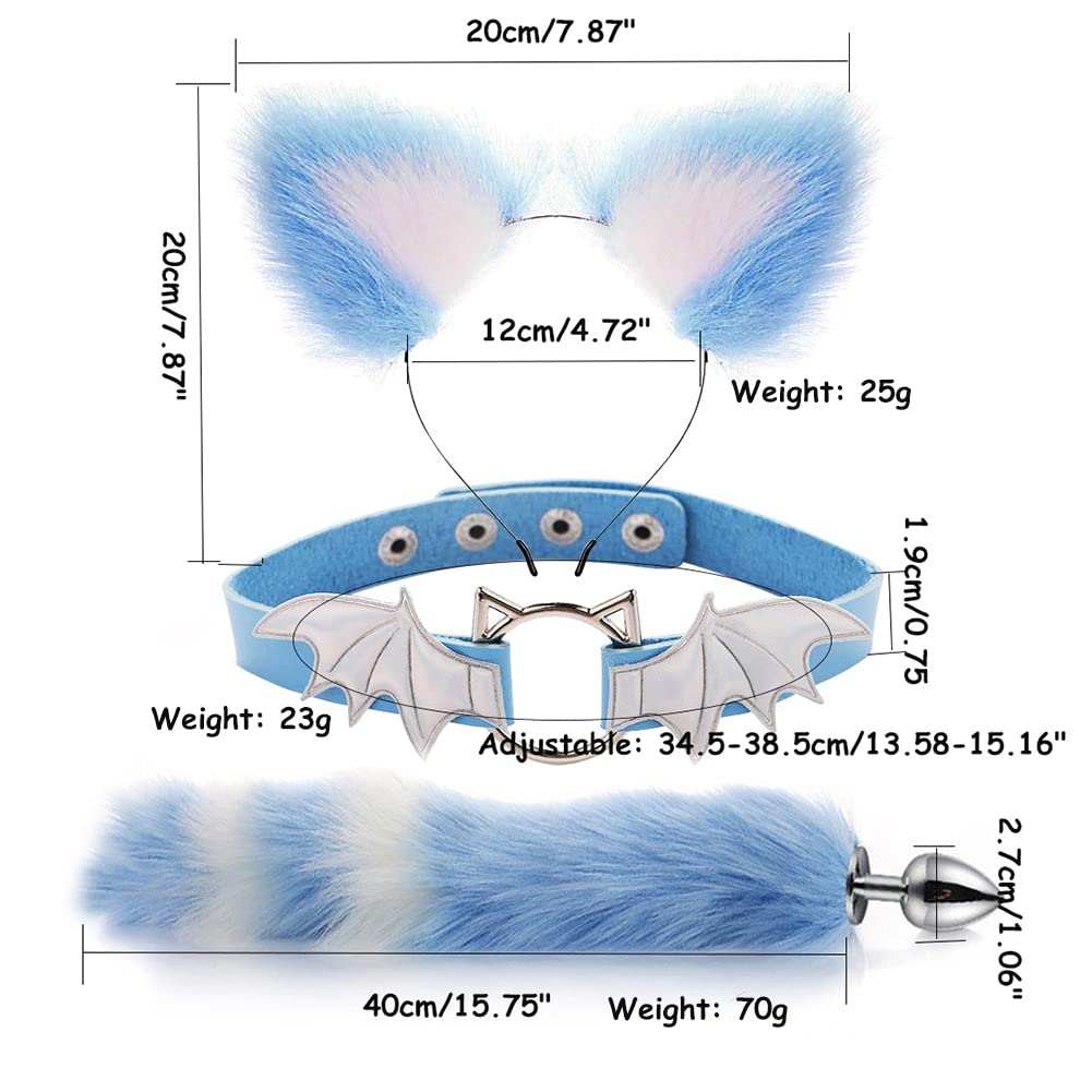 TJCGCKK Animal Cosplay Costume Furry Fox Tail Plug Cute Ears Headband Bat Style Neck Collar Set: Blue