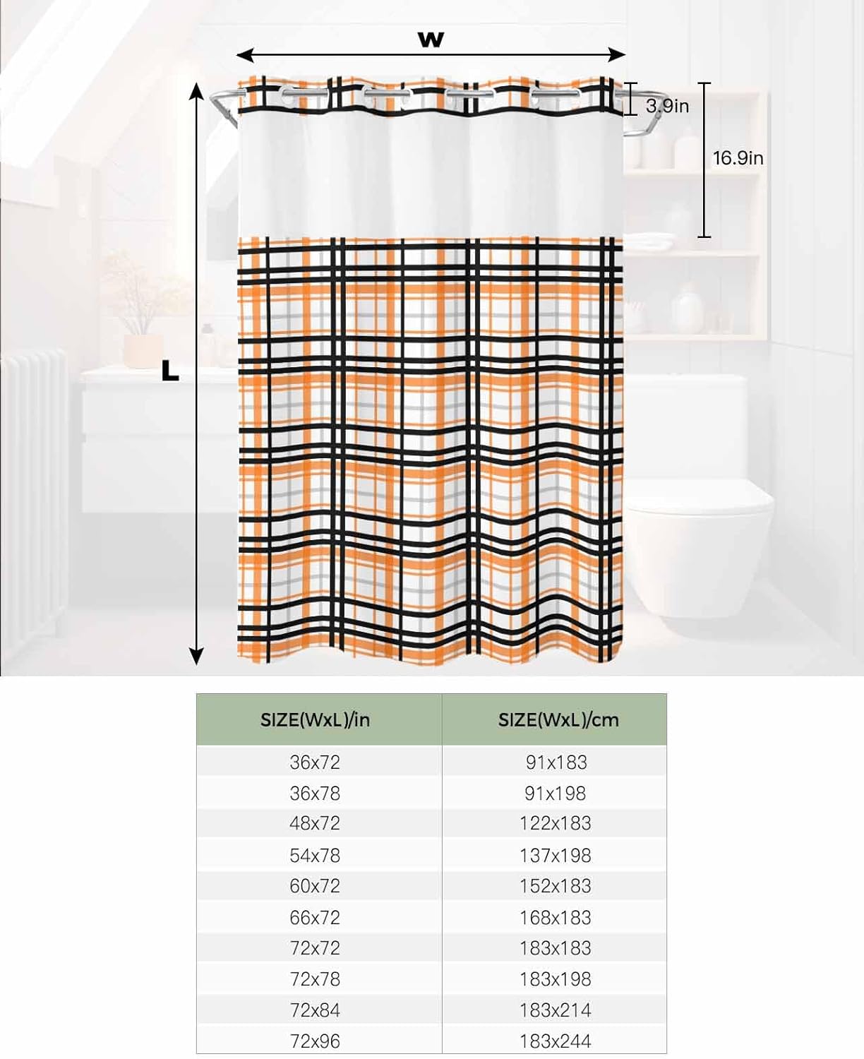 Smile Sunflower No Hooks Shower Curtain Liner Set, Abstract Stripes Orange Black Grey Plaid Waterproof Shower Curtains with Magnets, Top See Through Window Washable Rustic Shower Curtain 72"x96"