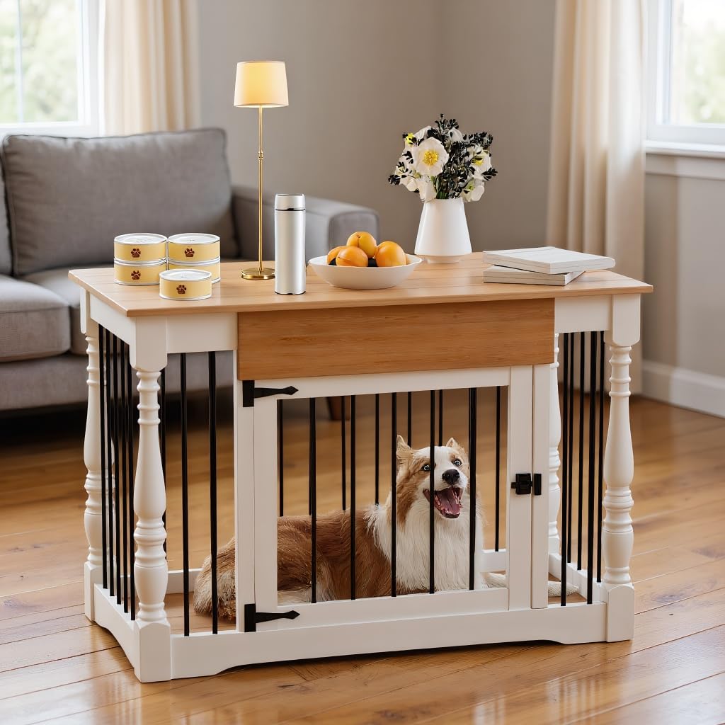 39" Wooden Dog Crate Furniture for Medium/Large Dogs - Roman Column Kennel | Dog Kennel Furniture | Multi-Functional Side Table(White)