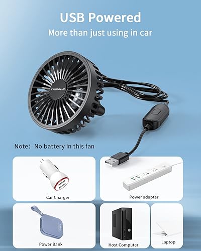 Miniatura 6 de TriPole Car Fan USB Powered - Powerful 3 Speed, Portable Cooling Clip Fan for Car Vent, Quiet Brushless Motor, 360 Degree Rotatable, Air Circulation