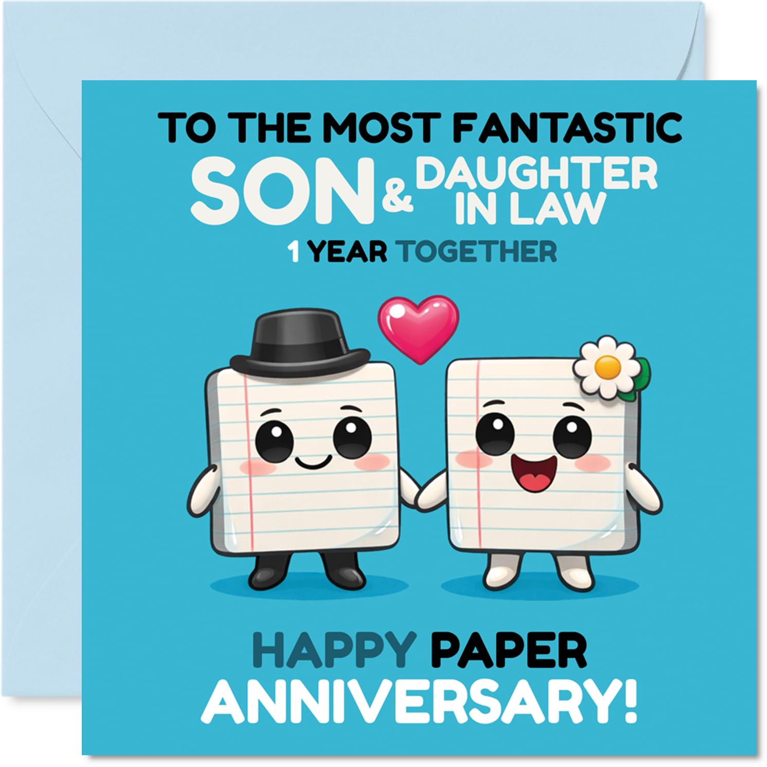 Cute 1st Anniversary Card for Son & Daughter in Law - Adorable Cartoon Couple Celebrating One Year - Playful Love-themed Design - 145mm Square, Envelope Included