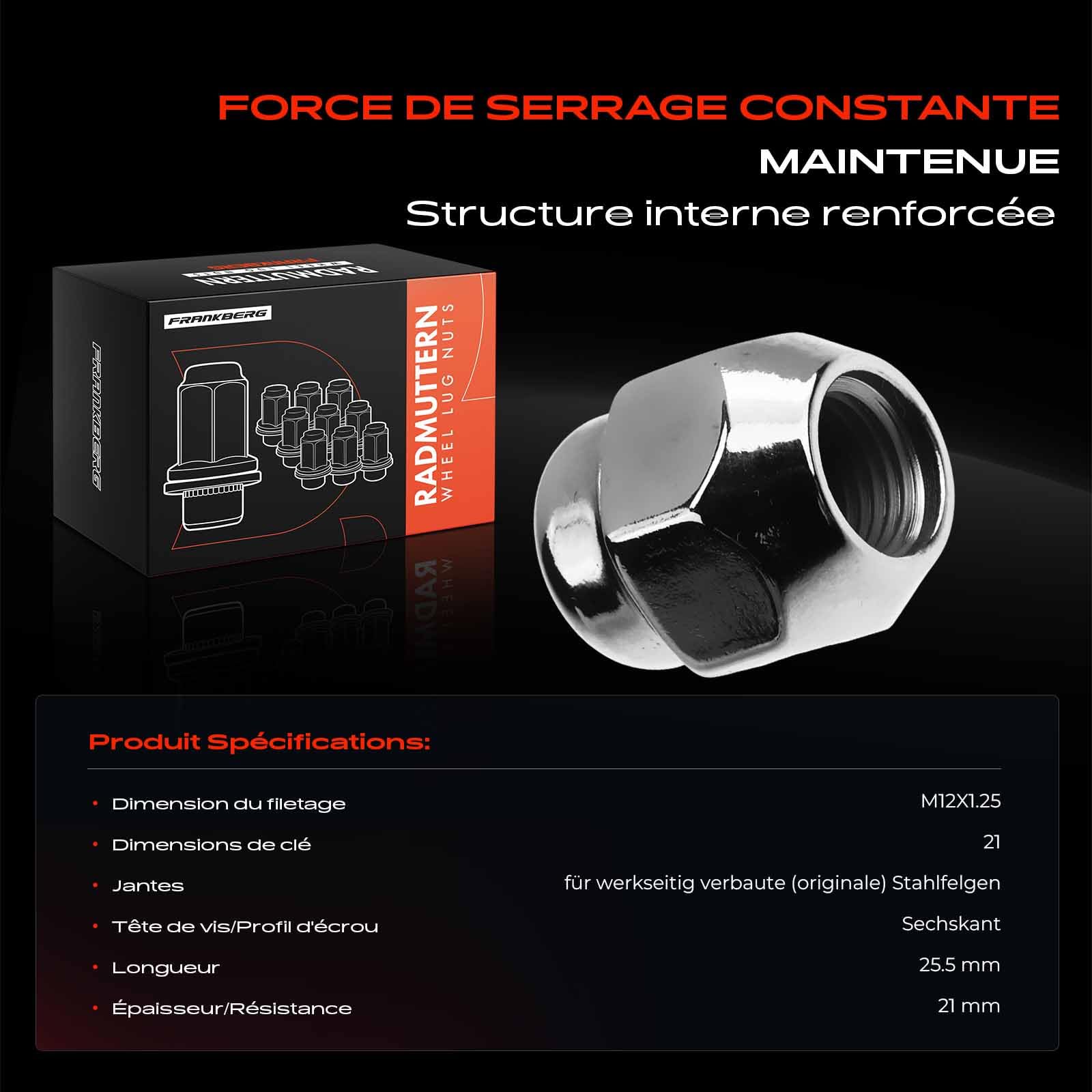 Frankberg 5 écrous de roue | Compatible avec: Juke F15, Primera Hatchback P11, Primera Traveller WP11, Primera P11, Pathfinder III R51, Feuille ZE0