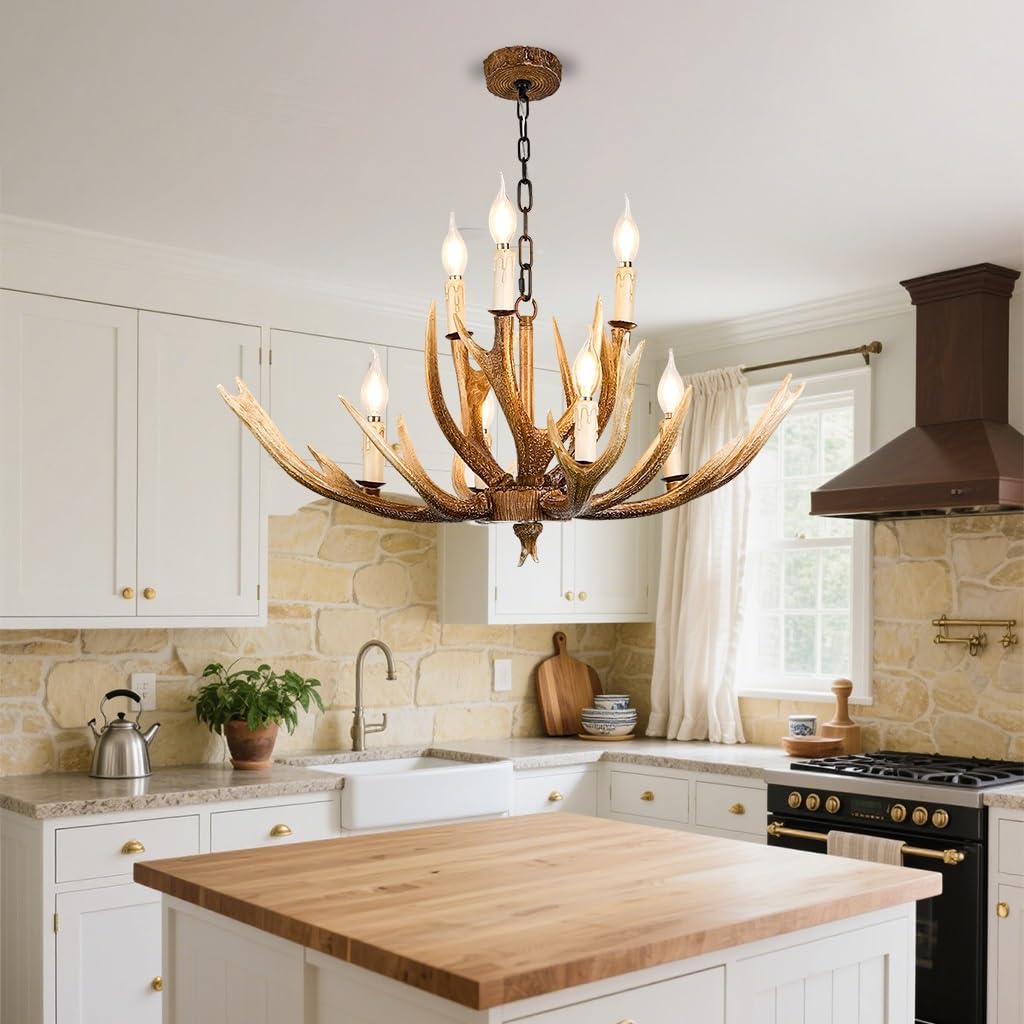 NOCHX Nordic Retro Style Pendant Light E14 Adjustable Height Deer Horn Chandelier Creative Design Resin Pendant Lamp Suitable for Living Room Clothing Store Interior Decoration(D)
